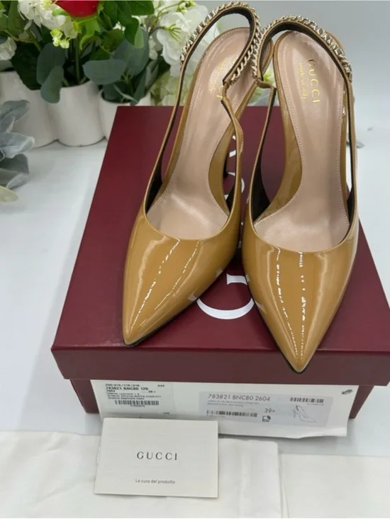 Women's Gucci Signoria chain patent sling back pumps size 39.5 made in Italy - Picture 6 of 8